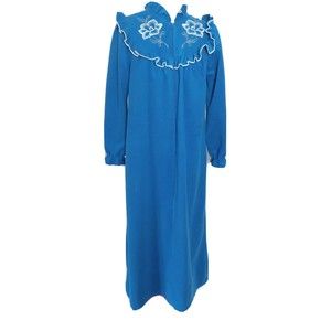 Vintage Lara Dee Blue Embroidered Zip Front Maxi Robe Size Medium